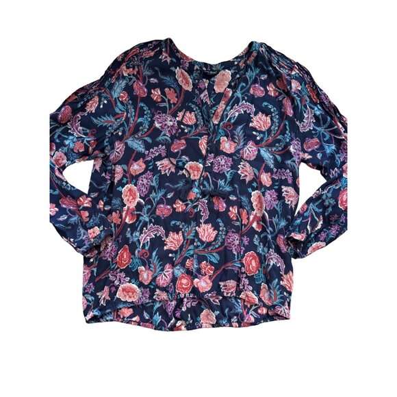 Lucky Brand Floral Blouse L Boho Navy Pullover Long Sleeve Pleated - Picture 1 of 10